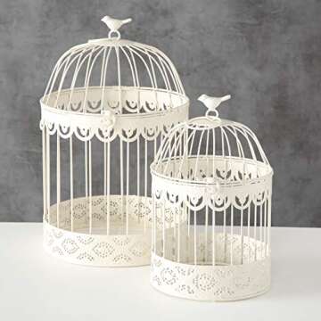 Farmers Market White Wire Bird Cages, Set of 2, Decorative, Table Top Centerpieces, for Florals, Candles and More, Metal, Handmade, Rustic Vintage Style, 11.75 and 15 Inches Tall