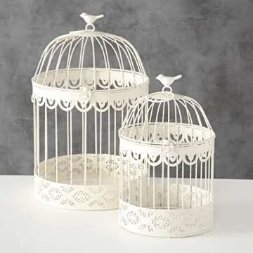 Farmers Market White Wire Bird Cages, Set of 2, Decorative, Table Top Centerpieces, for Florals, Candles and More, Metal, Handmade, Rustic Vintage Style, 11.75 and 15 Inches Tall