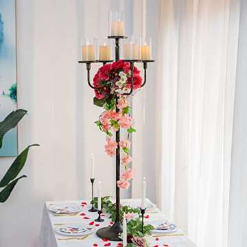 Sziqiqi Black Floor Candelabra Centerpiece 5-arm 48inch Tall Candle Holders for Candlesitcks Taper Pillar Candles Metal Floral Centerpieces Stand Halloween Wedding Party Event Decoration