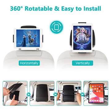 Abemala 2 Pack Car Headrest Tablet Holder, iPad Holder for Car Backseat, Anti-Slip Strap and Holding Board Fits All 4.7"-12.9" Device, Road Trip Essential for Kids, 360° Rotatable iPad Headrest Mount