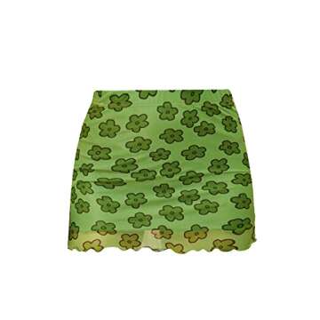 Verdusa Women's Floral Mesh Overlay Elastic Waist Bodycon Mini Skirt Green M