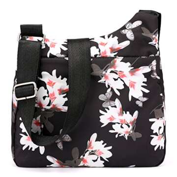 STUOYE Nylon Multi-Pocket Crossbody Purse Bags for Women Travel Shoulder Bag (Magnolia Flower)