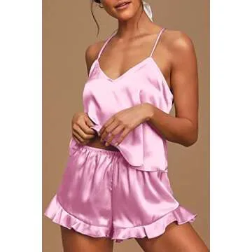 CHYRII Women's Sexy Ruffled Racerback Pajamas Sets Satin Silk Cami Shorts Sets Sleepwear Baby Pink S