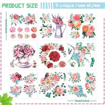 9 Sheets Rose Rub on Transfer Decals Rustic Rose Flower Rub on Furniture Floral Rub on Transfer Decal Sticker for Craft Furniture Paper Wood Decor, 5.5 x 5.7 Inches (Rose)