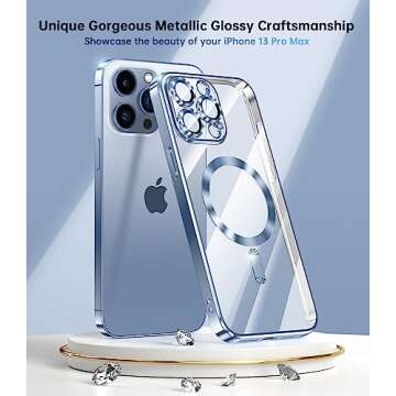 Waldeng for iPhone 13 Pro Max Case with Integrated Camera Lens Protection, [Seamless Work with Magsafe] [Metallic Glossy Soft Bumper], Diamond Clear Stylish Case for iPhone 13 Pro Max, Sierra Blue
