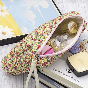 PAZIMIIK Large Quilted Makeup Bag - Stylish Cotton Cosmetic Organizer for Travel