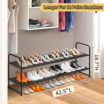 SLEEPING LAMB Long 2-Tier Shoe Organizer for Closet, Stackable Wide Shoe Rack Holds 18-Pairs Low Sho...