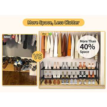 SLEEPING LAMB Long 2-Tier Shoe Organizer for Closet, Stackable Wide Shoe Rack Holds 18-Pairs Low Shoe Shelf Storage for Bedroom, Floor, Entryway(Black)