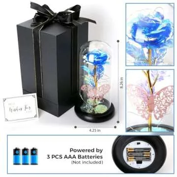Galaxy Rose Gifts for Women, Beauty and The Beast Rose, Rose in Glass Dome Butterfly Gifts for Mothers Day Light Up Eternal Rose for Birthday Christmas Wedding Valentine's Day (Blue