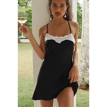 Women Satin Lace Slip Dress Sexy Patchwork Spaghetti Strap Sleeveless Silk Mini Dress A-Black