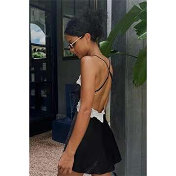 Women Satin Lace Slip Dress Sexy Patchwork Spaghetti Strap Sleeveless Silk Mini Dress A-Black