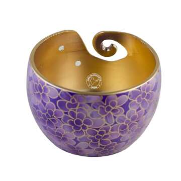 Hind Handicrafts Premium Solid Crafted Floral Metallic Finish Aluminium Portable Yarn Bowl Holder for Knitting Crochet Christmas Gift Set (6" x 6" x 4", Purple)