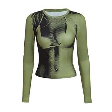 GORGLITTER Women's Graphic Figure Crop Top T Shirt Long Sleeve Colorblock Round Neck Tee Army Green Medium