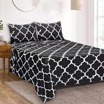 Mejoroom Queen Bed Sheet Set - Super Soft Brushed Microfiber 1800 Thread Count Queen Sheets with 16 inch Deep Pocket - Wrinkle Free - 4 Piece(Queen, Black Quatrefoil with White Pattern)