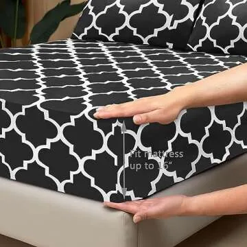 Mejoroom Queen Bed Sheet Set - Super Soft Brushed Microfiber 1800 Thread Count Queen Sheets with 16 inch Deep Pocket - Wrinkle Free - 4 Piece(Queen, Black Quatrefoil with White Pattern)