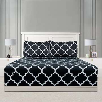 Mejoroom Queen Bed Sheet Set - Super Soft Brushed Microfiber 1800 Thread Count Queen Sheets with 16 inch Deep Pocket - Wrinkle Free - 4 Piece(Queen, Black Quatrefoil with White Pattern)