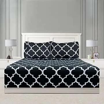 Mejoroom Queen Bed Sheet Set - Super Soft Brushed Microfiber 1800 Thread Count Queen Sheets with 16 inch Deep Pocket - Wrinkle Free - 4 Piece(Queen, Black Quatrefoil with White Pattern)