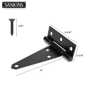 SANKINS 4 Inch T-Strap Shed Door Hinges Heavy Duty, Black Tee Gate Hinges for Wooden Fences, Yard Do...