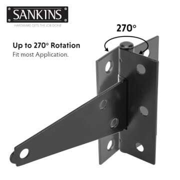 SANKINS 4 Inch T-Strap Shed Door Hinges Heavy Duty, Black Tee Gate Hinges for Wooden Fences, Yard Door, Barn Door Gates, Wrought Hardware Rustproof, 2Pack