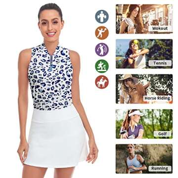 Women's Blue Leopard Sleeveless Golf Shirt Racerback Golf Polo Shirts Collarless Tanks Tops