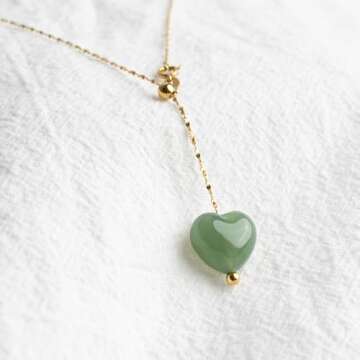 LAFORTISART Dainty Jade Heart Necklace,18K Gold Stainless Steel Y-Shaped Necklace for Women Girl,Hea...