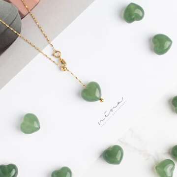 LAFORTISART Dainty Jade Heart Necklace,18K Gold Stainless Steel Y-Shaped Necklace for Women Girl,Healing Crystal Pendant Necklace,Cute Jewelry for Daughter Granddaughter Mom,Gemstone Birthday Gift