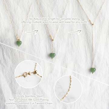 LAFORTISART Dainty Jade Heart Necklace,18K Gold Stainless Steel Y-Shaped Necklace for Women Girl,Healing Crystal Pendant Necklace,Cute Jewelry for Daughter Granddaughter Mom,Gemstone Birthday Gift