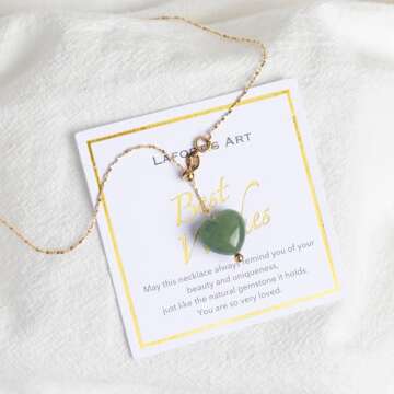 LAFORTISART Dainty Jade Heart Necklace,18K Gold Stainless Steel Y-Shaped Necklace for Women Girl,Healing Crystal Pendant Necklace,Cute Jewelry for Daughter Granddaughter Mom,Gemstone Birthday Gift
