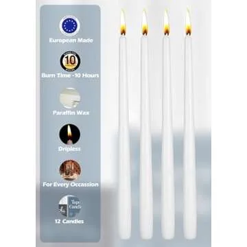 12 Pack Tall Taper Candles - 12 Inch White Dripless, Unscented Dinner Candle - Paraffin Wax with Cotton Wicks - 10 Hour Burn Time