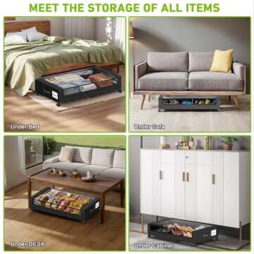 Beborxue Under Bed Storage with Wheels, 2-Pack Under Bed Storage Containers with Clear Lids, XXL 60L Under the bed storage Organizer Bins, Rolling Under Bed Metal Drawer for Clothes,Shoes,Toys (Black)