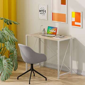 4NM 33.5" Small Folding Desk,Home Office Computer Desk Foldable Desk for Small Spaces,Space Saving Portable Desk Craft Table Study Writing Workstation Easy Assembly-Natural and White