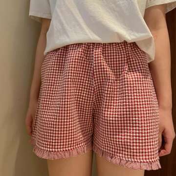 Plaid Shorts for Women Y2K Ruffle Hem High Waist Elastic Pajama Shorts Lounge Gingham Boxer Pj Bottom Going Out Shorts (B Red, M)