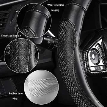 Leather Steering Wheel Cover - Car Steering Wheel Cover 15 inch Universal Fit Microfiber Steering Wheel Cover Anti-Slip, Soft, Breathable, Full Surround Car Wheel Cover