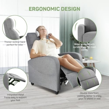 Recliner Chair with Massage and Lumbar Support, Small Fabric Home Theater Seating, Adjustable Modern Reclining Chair for Adults in Living Room