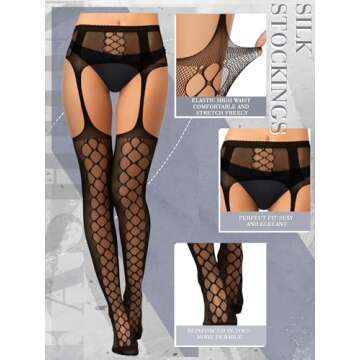 Skylety 6 Pairs Women Fishnet Thigh-High Stockings Tights Suspender Pantyhose Stockings for Women(Medium-large,Black Color)