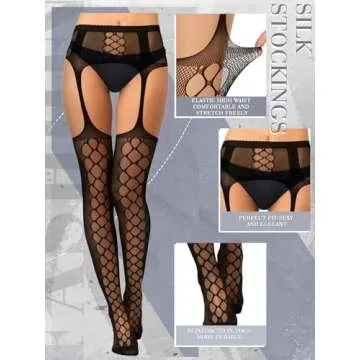 Skylety 6 Pairs Women Fishnet Thigh-High Stockings Tights Suspender Pantyhose Stockings for Women(Medium-large,Black Color)