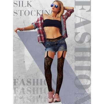 Skylety 6 Pairs Women Fishnet Thigh-High Stockings Tights Suspender Pantyhose Stockings for Women(Medium-large,Black Color)