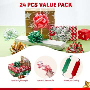 JOYIN 24 PCS Christmas Wrap Ribbon Pull Bows (5" Wide); Easy and Fast Gift Wrapping Accessory for presents, Bows, Baskets, Wine Bottles Decoration, Xmas Gift Wrapping and Decoration Present