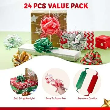 JOYIN 24 PCS Christmas Wrap Ribbon Pull Bows (5" Wide); Easy and Fast Gift Wrapping Accessory for presents, Bows, Baskets, Wine Bottles Decoration, Xmas Gift Wrapping and Decoration Present
