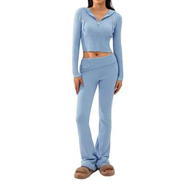 NUFIWI Women Ribbed Knit 2 Piece Outfits Long Sleeve Zip Up Hooded High Waist Wide Leg Skinny Pants Set Loungewear(A Blue,Small)