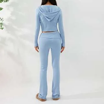 NUFIWI Women Ribbed Knit 2 Piece Outfits Long Sleeve Zip Up Hooded High Waist Wide Leg Skinny Pants Set Loungewear(A Blue,Small)