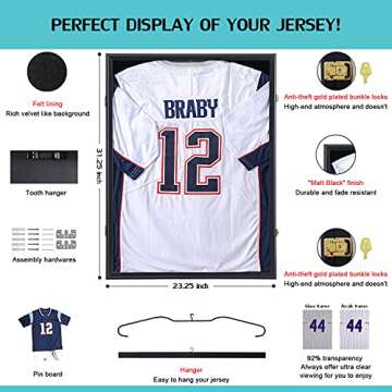 KCRasan Jersey Display Frame Case - Large Lockable Frames Shadow Box with UV Protection for Baseball Basketball Football Soccer Hockey Sport Shirt Matte Black Finish
