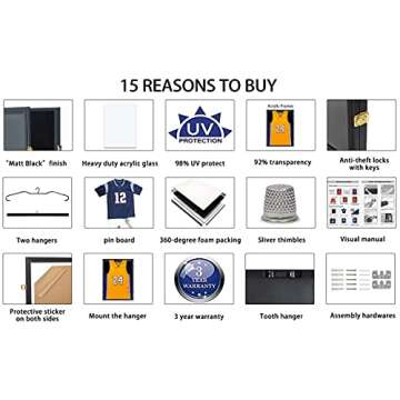 KCRasan Jersey Display Frame Case - Large Lockable Frames Shadow Box with UV Protection for Baseball Basketball Football Soccer Hockey Sport Shirt Matte Black Finish