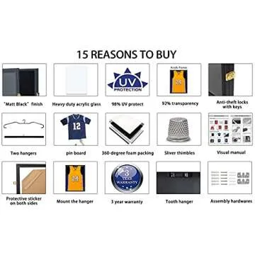 KCRasan Jersey Display Frame Case - Large Lockable Frames Shadow Box with UV Protection for Baseball Basketball Football Soccer Hockey Sport Shirt Matte Black Finish
