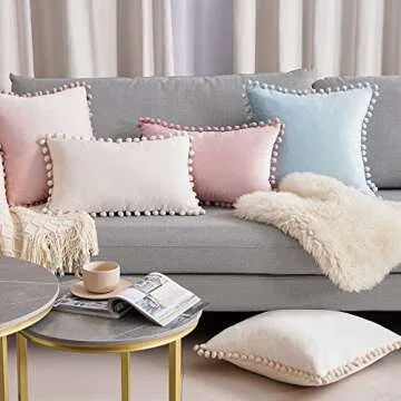 Top Finel Cream Lumbar Pillow Covers 12x20 Set of 2, Soft Velvet Throw Pillow Cover with Pom Poms Off White Couch Cushion Covers for Bedroom Livingroom Car Boho Home Decor