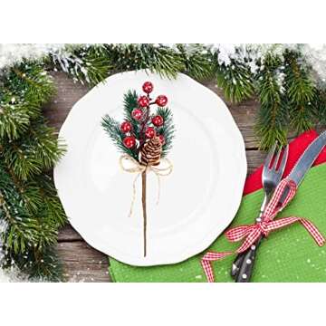 KLEWEE 10 PCS Christmas Berry Picks Glitter Christmas Picks and Sprays Artificial Pine Branches with Red Berry Stems Pine Cones Christmas Greenery for Crafts, Holiday Décor, Wreaths Xmas Decorations