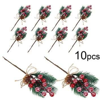KLEWEE 10 PCS Christmas Berry Picks Glitter Christmas Picks and Sprays Artificial Pine Branches with Red Berry Stems Pine Cones Christmas Greenery for Crafts, Holiday Décor, Wreaths Xmas Decorations