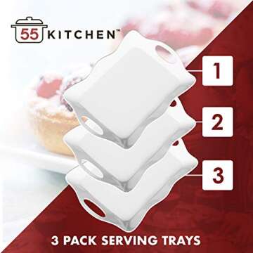 Premium Food Serving Trays (Set of 3) by 55Kitchen - High Quality Stackable BPA-Free Plastic Tray Set - Dishwasher Safe Plastic Trays For Use At Home, Parties and Events - Acrylic Tray