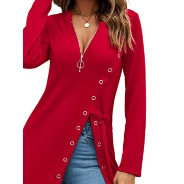 Stylish Zip-Up Long Sleeve Tunic Blouse for Women