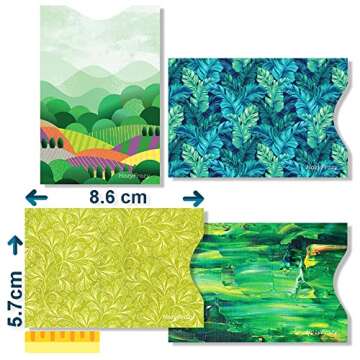 8 RFID Blocking Sleeves, Unique Designs and Arts in Green, Anti-Theft Credit Card Holder, Credit Card Protector, Easy to Recognize, Sturdy and Perfect size for cards